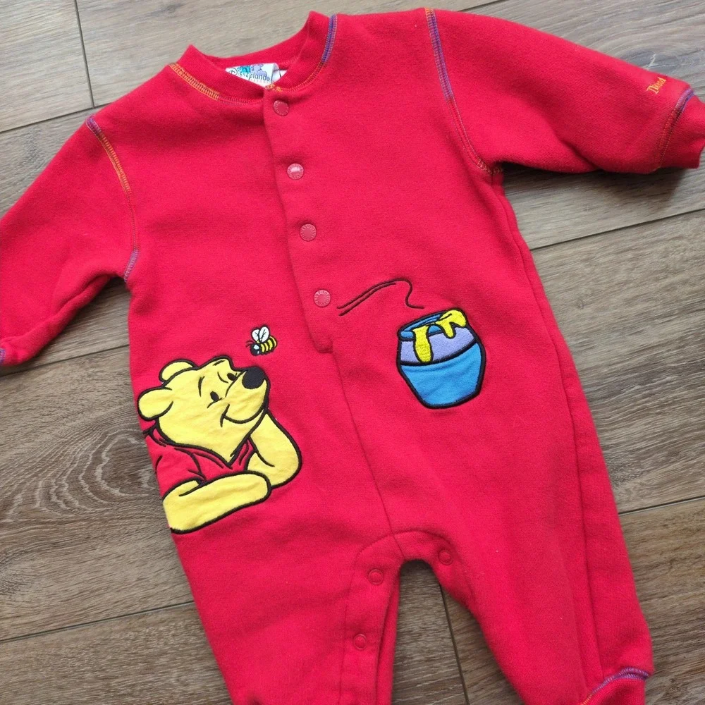 Vtg 90s Disneyland Resort Winnie the Pooh Romper One Piece Red Embroidered 6 Mo.